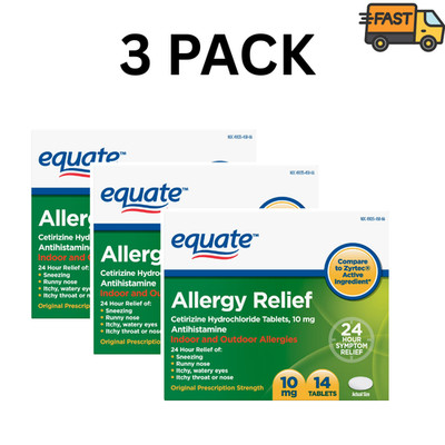 3 Pack Equate Cetirizine 10mg 24 Hour Allergy Relief 14 Tablets