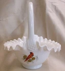 Vintage Fenton Milk Glass Basket w/Hand Painted Cardinals ~ signed by P. Bennett