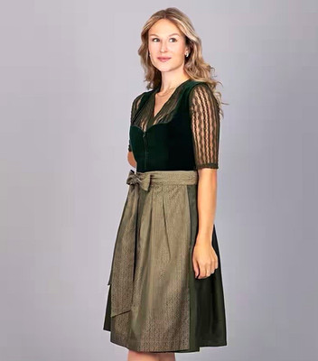 Edelnice Dirndl Samt grün/beige mit Spitze Kurzarm knielang Gr. 50 Landhaus