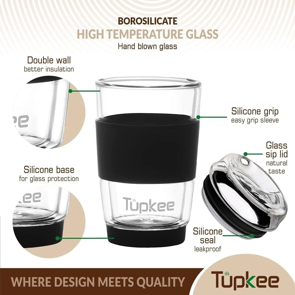 Vaso de vidrio de doble pared Tupkee - 8 onzas, taza y tapa de viaje de café de vidrio Foto 2 de 4
