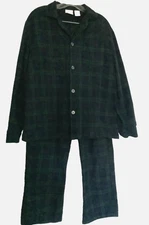 L.L.BEAN Men's Medium Fleece Sleepwear Set Plaid Green Blue Top Bottoms Pockets