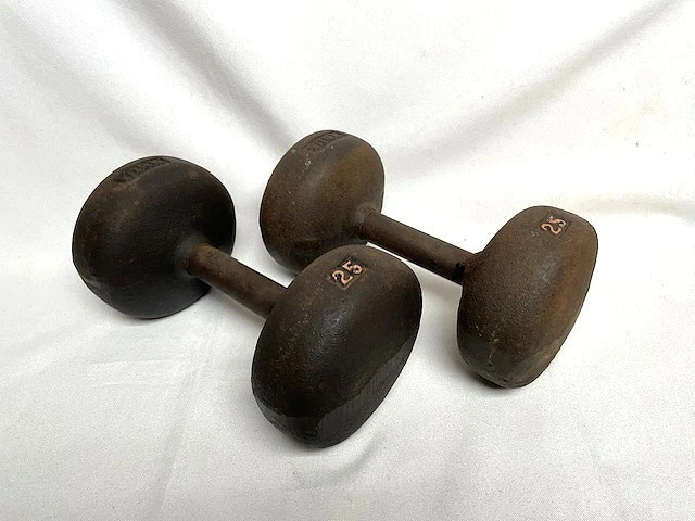 2 Vintage YORK 25 lbs Pound Cast Iron Barbell Set Dumbbell Weight Pair Old