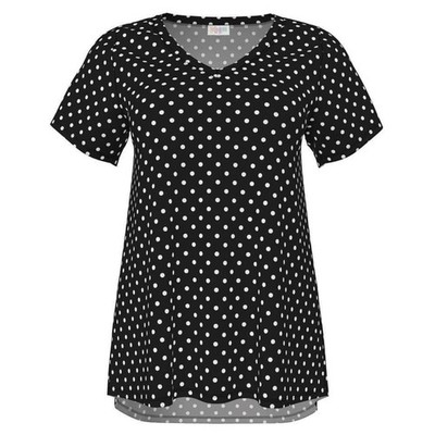 LARGE CHRISTY LuLaRoe WHITE POLKA DOTS on BLACK  V-Neck T-SHIRT Top; Sizes 14-16