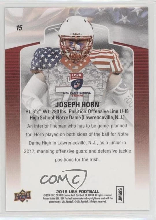 2018 Upper Deck USA Football Blue Border Joseph Horn #15 - Image 2 of 2