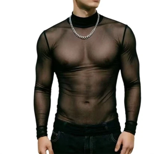 Mens Black Sheer Mesh Long Sleeve T‑Shirt Stretchy Fitted Slim Base Layer Top