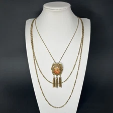 Vtg Art Nouveau Festoon Necklace Triple Chain Swag Tassels Brass Rococo Brooch