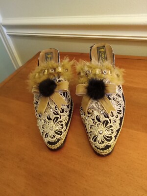Women's Shoes Custom Luxury Mules Sz. 8 Made In Hong Kong  Feathers Embellished 