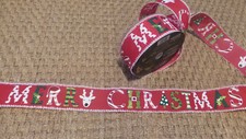 XMAS Ribbon WIRED EDGE MERRY CHRISTMAS RED WHITE GREEN LETTERING 2 1/2" X 5 Yds