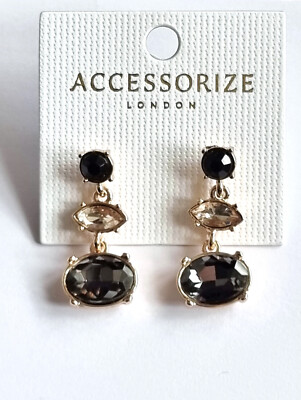 ACCESSORIZE,  GOLD TONE, BLACK & CHAMPAGNE STATEMENT DIAMANTE STUD EARRINGS