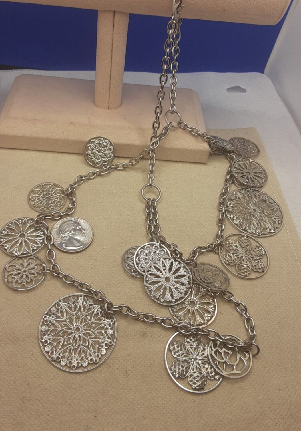 Statement Necklace Silvertone cluster medallions … - image 3