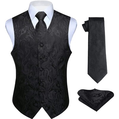 Hochwertige HISDERN Herren Floral Weste Set mit Krawatte & Taschentuch - Schwarz