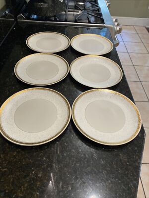 6 Rare Sascha Brastoff Fine China 9'' lunch plates Gold Lame textured California