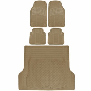 Rubber Car Floor Mats 5 PC Beige Front Rear and Cargo Trunk Liner Auto Truck SUV