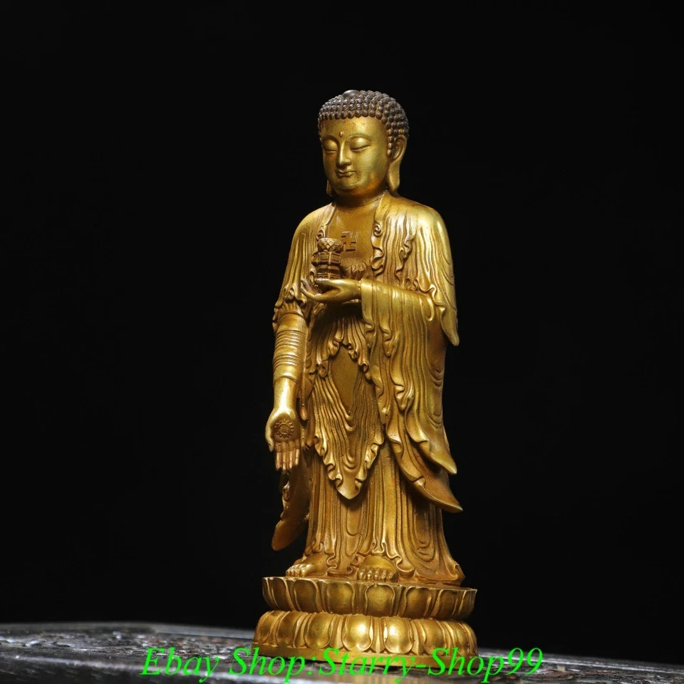 Estatua de Buda Shakyamuni Sakyamuni Amitabha 8,2" Antiguo Budismo Tíbet Bronce Dorado Foto 3 de 4
