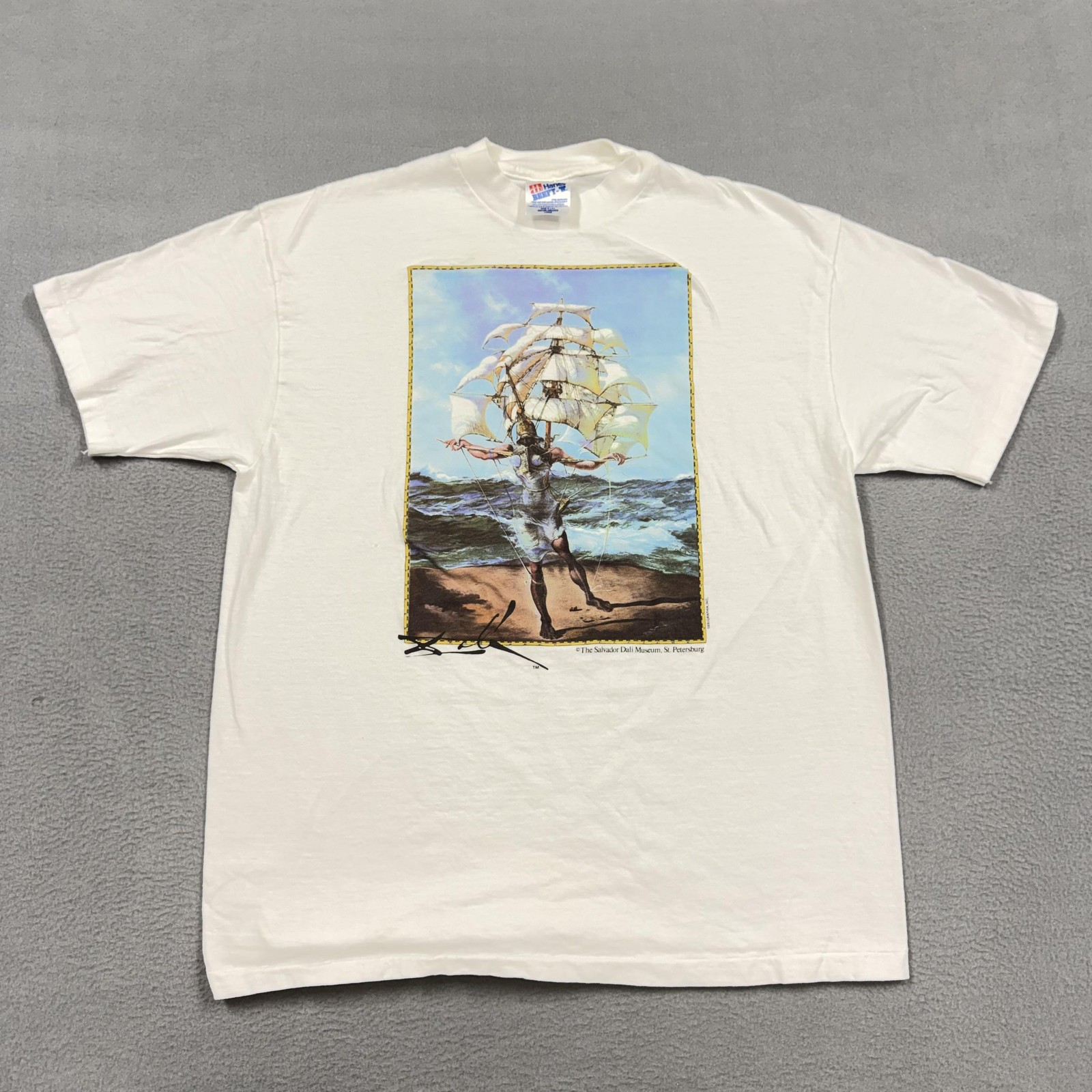 Vintage Salvador Dali Shirt Mens Large White Ship Hanes Beefy-T USA 90s
