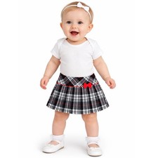 BeeBay Baby Girl Plaid Pleated Skirt 6-9 Months Black Pink Bow Adjustable Waist