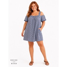 London Times Blue Gingham Cold Shoulder Dress Plus Size 16 Cotton Cottagecore