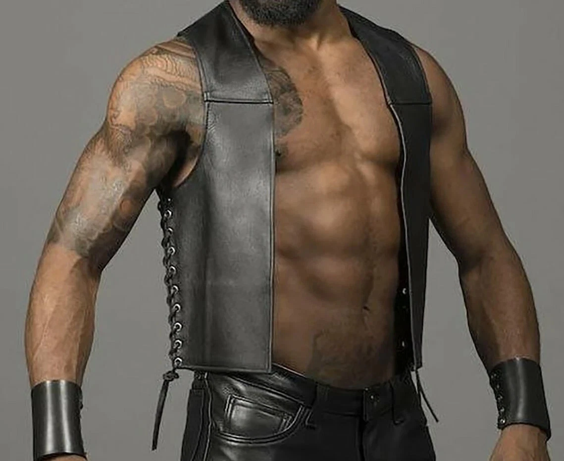 Men's Real Cowhide Leather Bartender Vest Side Laces Up Open Front Leather Vest
