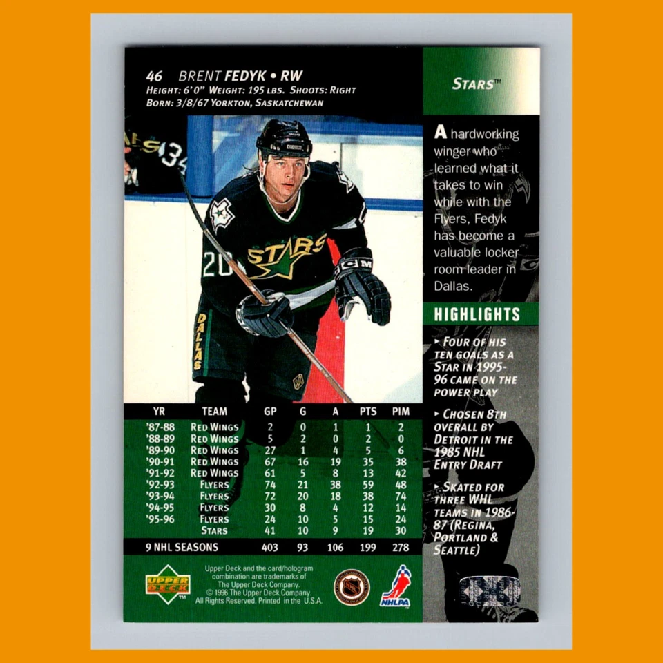 Brent Fedyk #46 1996 Upper Deck Dallas Stars Hockey Card NHL NM - Image 2 of 3