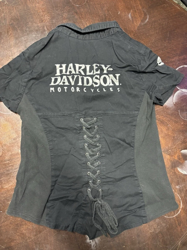 Harley Davidson Skull low Zip Shirt womens Medium Black Back Lace up Corset Tie - Image 2 of 3