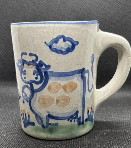Vtg M.A. Hadley Pottery Signed Hand Painted Blue Cow "The End" Coffee Mug Heavy