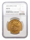 1873 Open 3 $20 Liberty Head AU 55 NGC Certified Gold Coin
