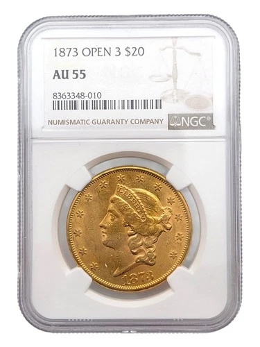 1873 Open 3 $20 Liberty Head AU 55 NGC Certified Gold Coin