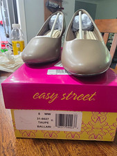 Easy Street Women  s Taupe Leather Pump Round Toe Slip On Block Heel, 8 WW