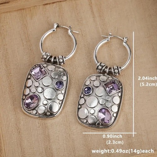 Chico’s Amethyst Hoop Earrings Geometric Silver Dangle Statement Gemstone CZ - Picture 4 of 7