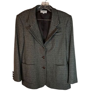 L.L. Bean Blazer Women 10P Brown Houndstooth Wool blend 3 button shoulder pads