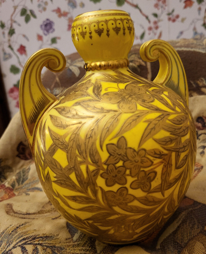 Royal Crown Derby Vase Yellow Ground W/ Raised Gold Butterflies 1880 Victorian - Picture 8 of 15