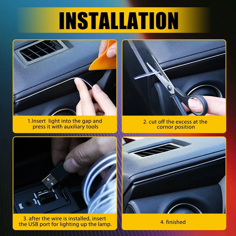 Tira de luz de neón de fibra óptica interior de automóvil LED RGB 8M Atmósfera Control de APP Foto 4 de 4