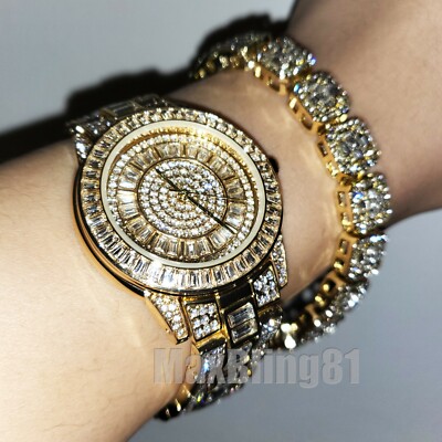 HIP HOP GOLD PT LUXURY BLING ICED WATCH & BAGUETTE STONE BRACELET GIFT SET 