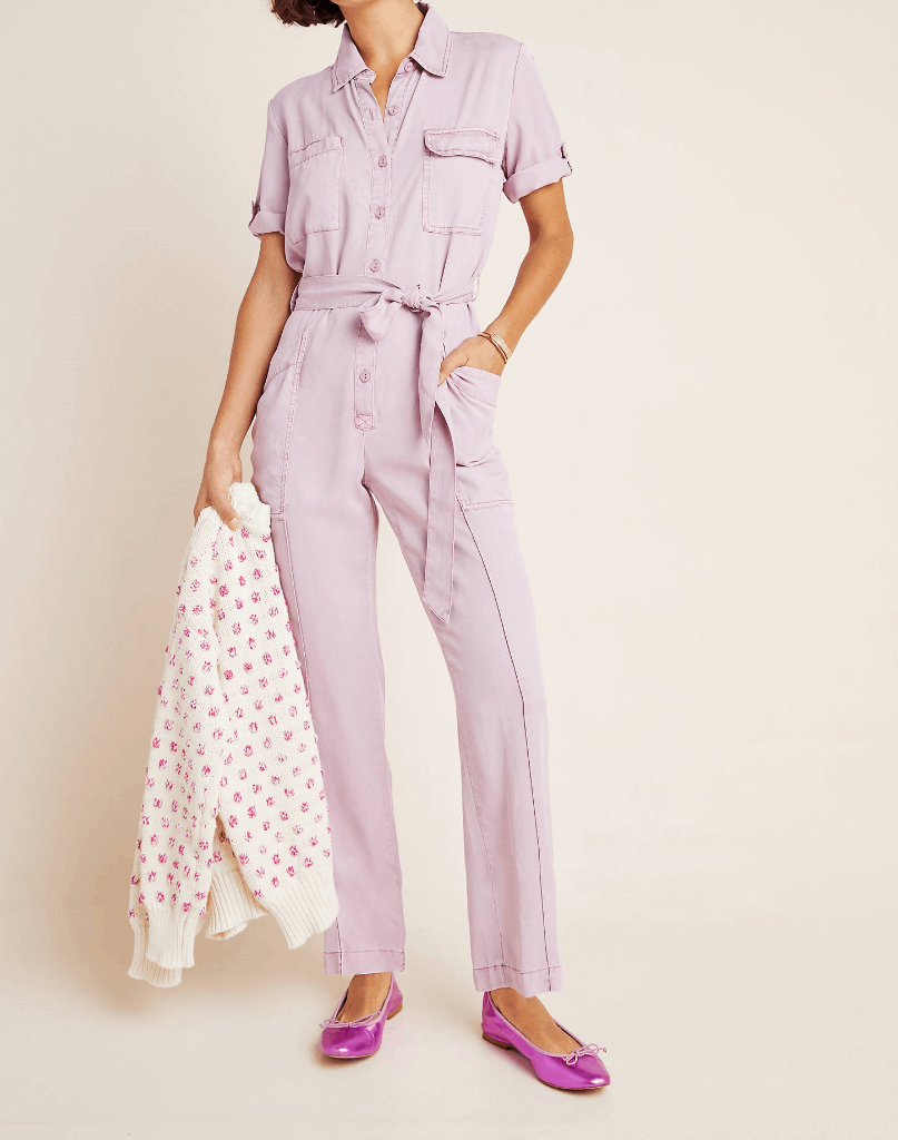 YFB jumpsuit 100% Tencel with button front, roll tab short sleeves and belt, Siz-image