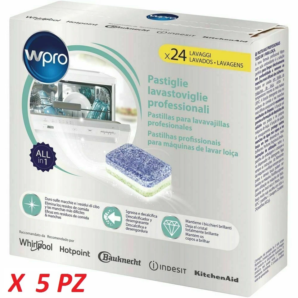 WHIRLPOOL WPRO Pastiglie detergenti lavastoviglie professionali Kit 5PZ 484010678172 WPRO