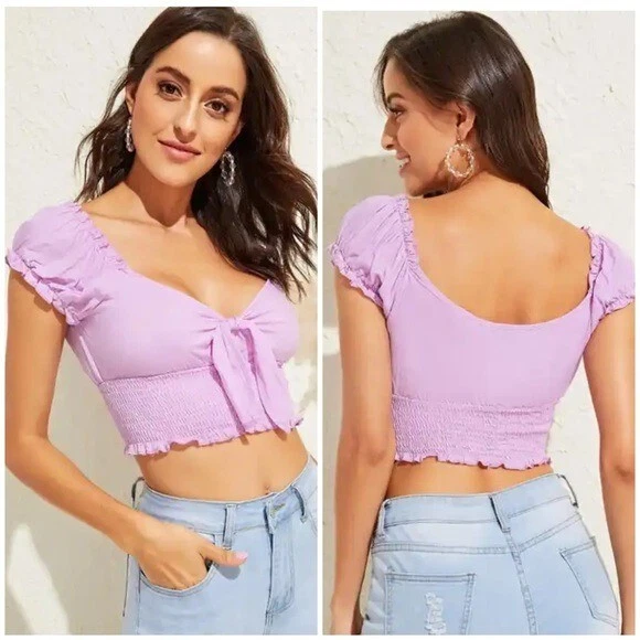 Shein Lilac Purple Puff Sleeve Smocked Tie Front Crop Top Size M