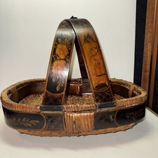 Antique Chinese Wowen Willow Basket. Hand Painted