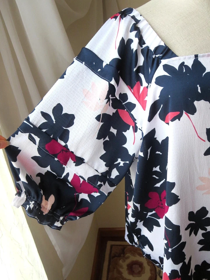 BLUSA LIZ CLAIBORNE MANGA GLOBO 3/4 FLORAL ROJO BLANCO AZUL TOP TALLA XL Carrera Foto 3 de 4