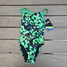 TYR Green geometric DiamondFit 1 Pc Swimsuit, Girls Sz 22 ,NEW