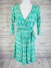 Pixley Womens Ohara Faux Wrap Dress Sz XS Green Belted Chevron Print V-Neck