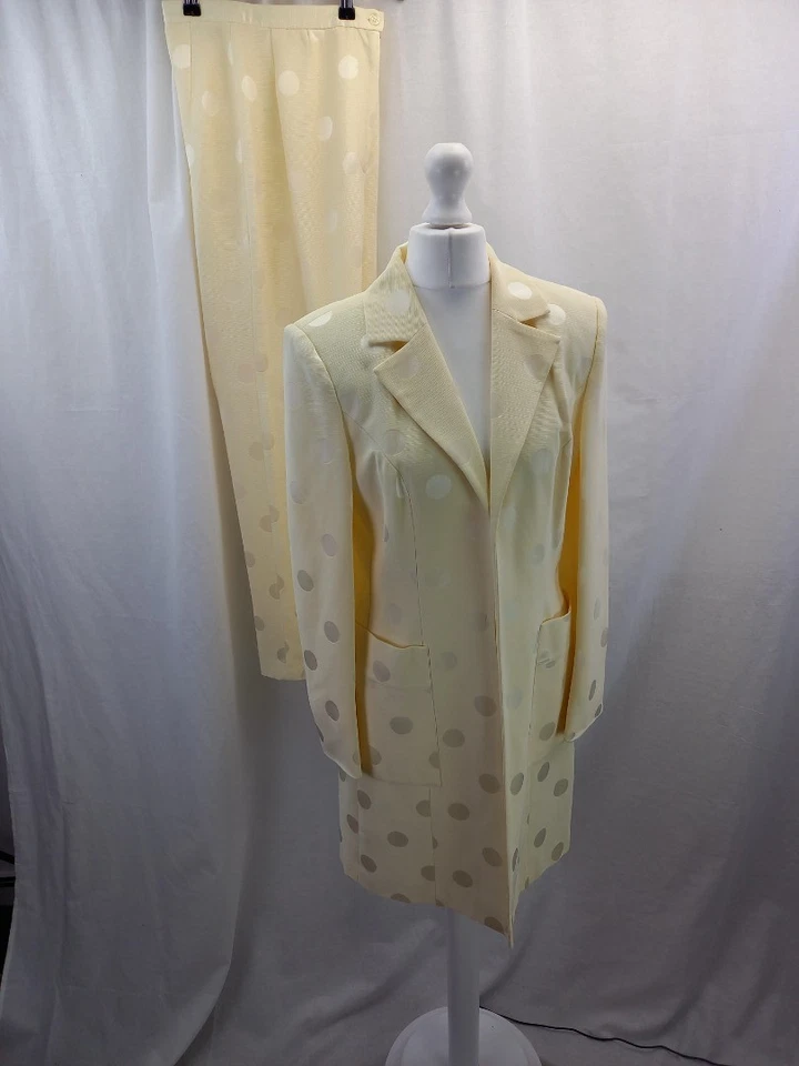 Simon Ellis cream white 2 piece suit polka dot long jacket + trousers UK 12 VGC — 第 2/4 张图片