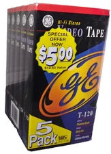 5 Pack NEW GE Hi-Fi T-120 Prenium Grade Video VHS Blank Recordable Tapes SEALED
