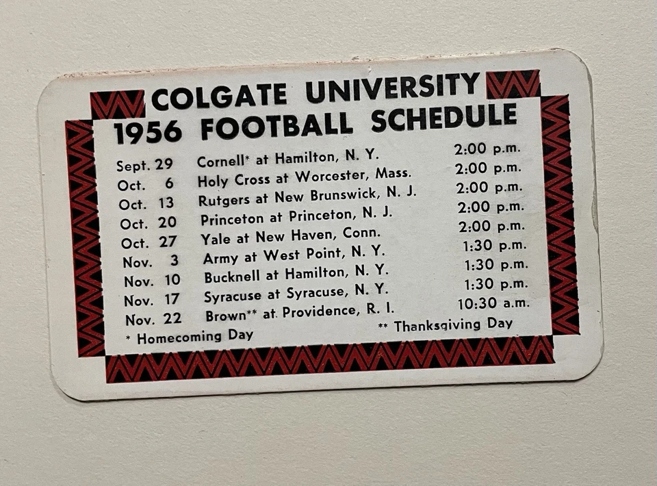 1956 Colgate University Football Schedule Card – Red Raiders – Vintage 1950s - Image 2 of 2