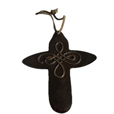 Cast Metal Cross Christmas Holiday Religious Ornament Heavy Brown Metal Hanger