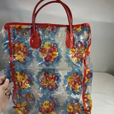 Vintage 1960s  1970s Red Floral Vinyl Plastic Waterproof Shopping Tote Bag