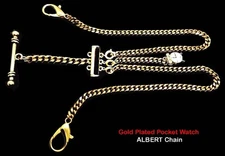 Gold Plated Strong Pocket Watch ALBERT Double Chain With Ornate Cross Fob.