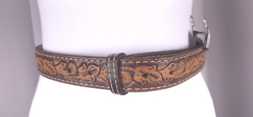 Western Tooled Leather Belt Mens 28 Brown Tan Floral Cowboy Boho No Buckle