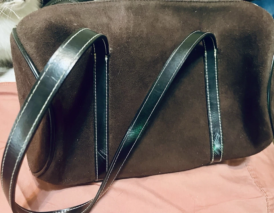 Bolso de mano para mujer Kate Spade vintage marrón gamuza con correa de cuero negro Foto 3 de 4