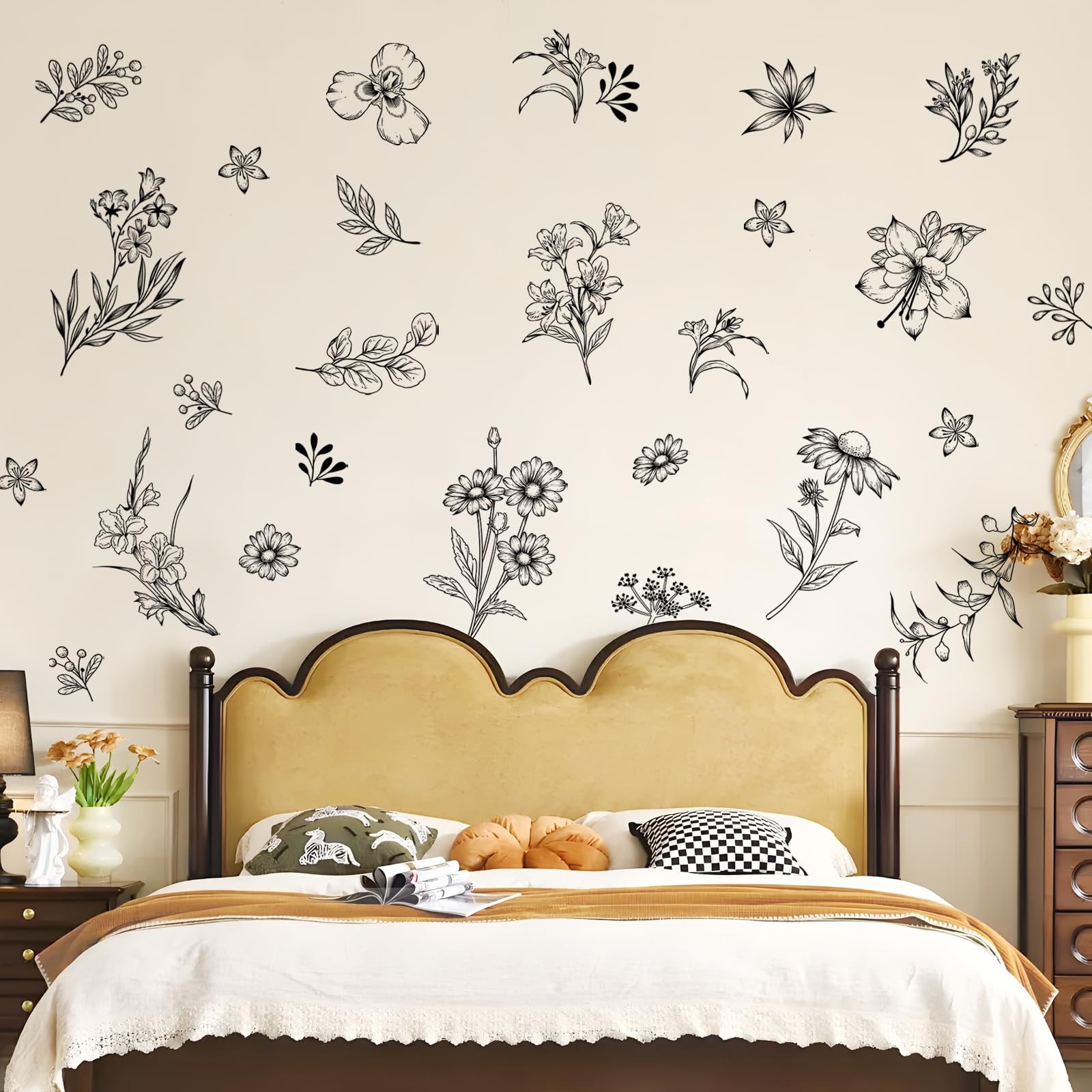 Tanlaby Sketch Black Flower Wall Decals Garden Floral Wall Stickers Retro Wil...