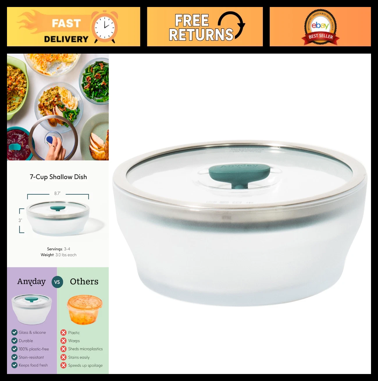 7-Cup Microwave Cookware Glass Container with Lid | Airtight Steamer for Veggies